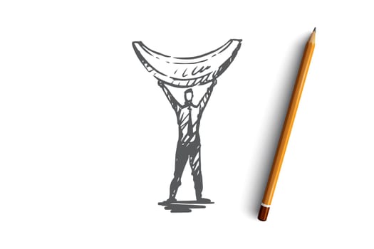 Melon, fruit, food, organic, slice concept. Hand drawn man with slice of melon concept sketch. Isolated vector illustration.