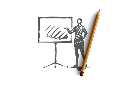 Presentation, woman, board, business, report concept. Hand drawn woman making presentation concept sketch. Isolated vector illustration.