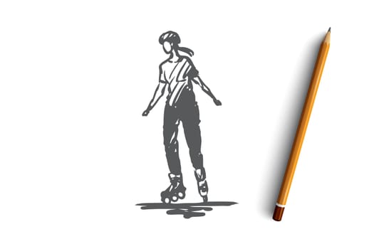 Rollers, skate, sport, activity, girl concept. Hand drawn woman rollerblading concept sketch. Isolated vector illustration.