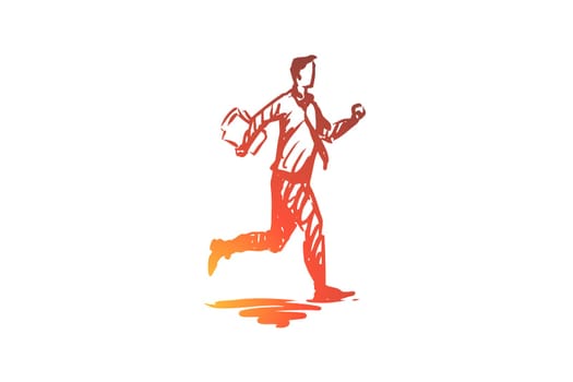 Rush, businessman, hurry, busy, deadline concept. Hand drawn worker on a rush concept sketch. Isolated vector illustration.