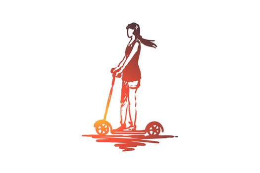 Scooter, girl, ride, bike, drive concept. Hand drawn woman driving on scooter concept sketch. Isolated vector illustration.