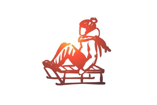Sledge, winter, fun, snow, activity concept. Hand drawn seasonal activity, girl on sled concept sketch. Isolated vector illustration.