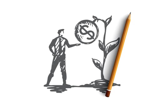 Results, money, plant, profit, income concept. Hand drawn businessman and growing income concept sketch. Isolated vector illustration.