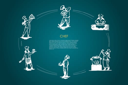 Chef - men and women in special uniform cooking, serving and presenting food vector concept set. Hand drawn sketch isolated illustration