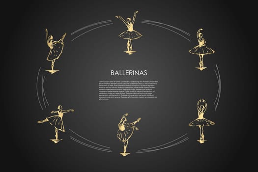 Ballerinas - women dancers wearing traditional ballet costume in different dancing poses vector concept set. Hand drawn sketch isolated illustration