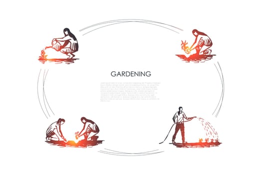 Gardening - people digging ground, planting and watering flowers vector concept set. Hand drawn sketch isolated illustration
