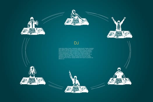 DJ - men and women DJs in headphones playing music vector concept set. Hand drawn sketch isolated illustration