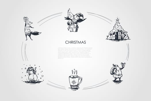Christmas - snowman, fox and bird with gift, warming cacao, Santa with presents, traditional tree with gifts vector concept set. Hand drawn sketch isolated illustration