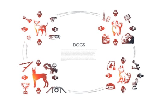 Dogs - different dog breeds with food, bones, collar, footprints, bowl, toys, vet objects vector concept set. Hand drawn sketch isolated illustration