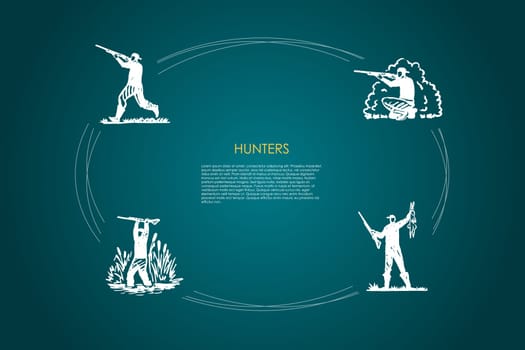 Hunters - men with gun shooting in forest and swamp, holding killed rabbit vector concept set. Hand drawn sketch isolated illustration