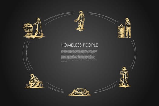 Homeless people - people begging for money and food, sleeping on street, warming up near fire, collecting garbage vector concept set. Hand drawn sketch isolated illustration