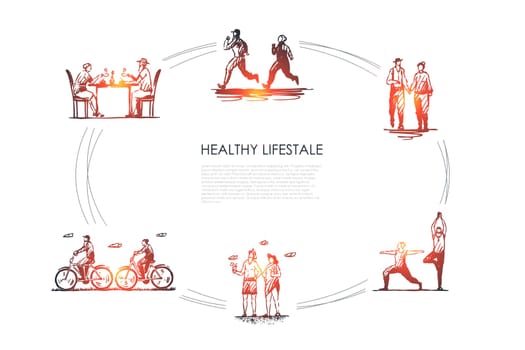 Healthy lifestyle - people jogging, walking, doing yoga, sunbathing, riding bicycles and drinking tea vector concept set. Hand drawn sketch isolated illustration