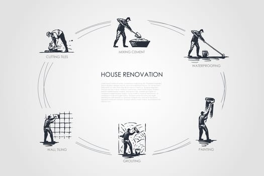 House renovation - cutting tiles, mixing cement, waterproofing, painting, grouting, wall tiling vector concept set. Hand drawn sketch isolated illustration