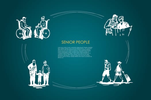 Senior people - old couples sitting on wheelchairs, reading newspaper, travelling and walking with grandchildren vector concept set. Hand drawn sketch isolated illustration