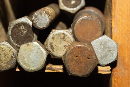 Old screws in a box. a lot of various screws. pile of fasteners in the box close up. carpentry workshop. work tool