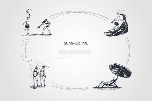 Walk in the park - people playing badminton, riding surf, sunbathing and relaxing vector concept set. Hand drawn sketch isolated illustration
