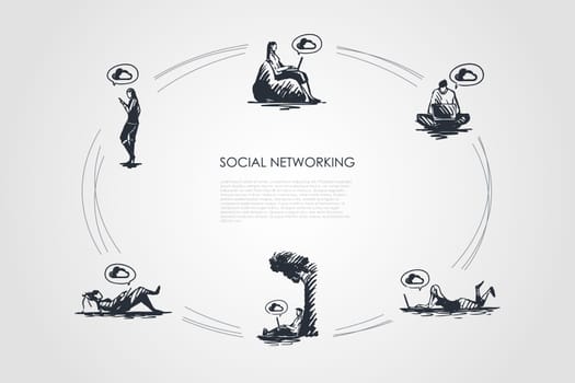Social networking - people working on laptops and using smartphones vector concept set. Hand drawn sketch isolated illustration