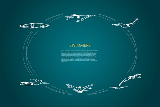 Swimmers - male sportsmen swimming in traditional cap in different poses vector concept set. Hand drawn sketch isolated illustration