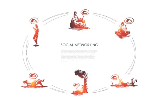 Social networking - people working on laptops and using smartphones vector concept set. Hand drawn sketch isolated illustration