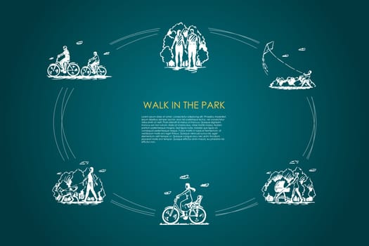 Walk in the park - people riding bicycles, walking with baby carriage, flying kites, walking dog vector concept set. Hand drawn sketch isolated illustration