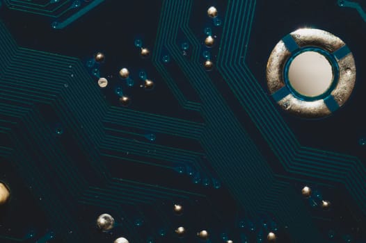 Dusty circuit board abstract background. computer motherboard close up. modern technologies. micro elements of computer with connections and traces. Intelligent technology
