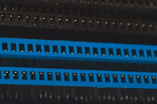 Memory slots on the motherboard close up. ram socket. connector on the circuit board of computer