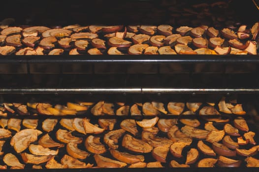 Dried apple slices in the oven. organic healthy food. vegetarian nutrition