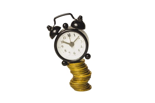 Time is money concept. classic alarm clock with coins on white background. vintage watch with round dial. clip art