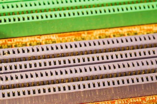 Memory slots on the motherboard close up. ram socket. connector on the circuit board of computer