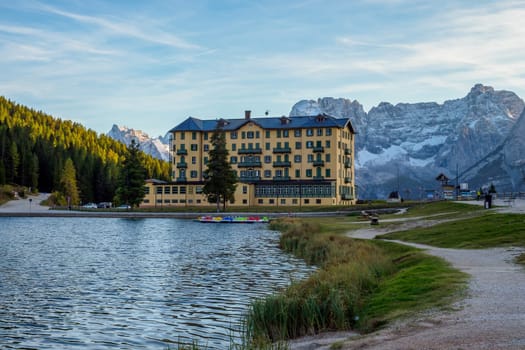 Misurina Lake and View on the majestic Dolomites Alp Mountains, National Park Tre Cime di Lavaredo, Dolomiti Alps, South Tyrol, Italy