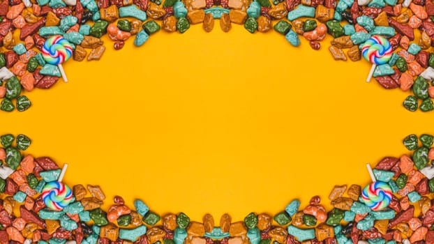 Lollipops and candy pebbles on a yellow background. sweets in the form of colored stones. symmetrical frame made from colorful candies. festive decoration