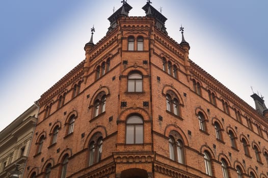 Vintage building facade wall with windows. classic european architecture