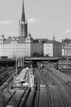 Cityscape with high tower and railways in Stockholm, Sweden