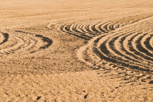 Pattern of curved ridges and furrows on a sandy field. traces on the sand. tractor tracks