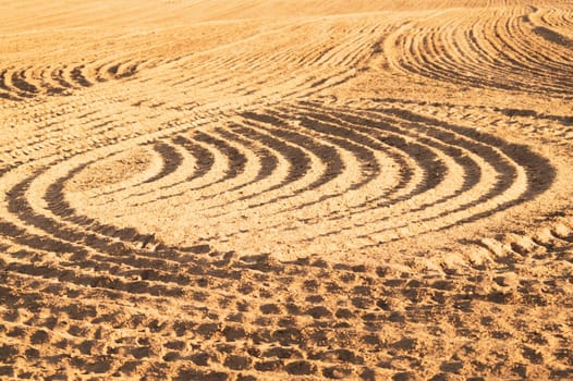Pattern of curved ridges and furrows on a sandy field. traces on the sand. tractor tracks