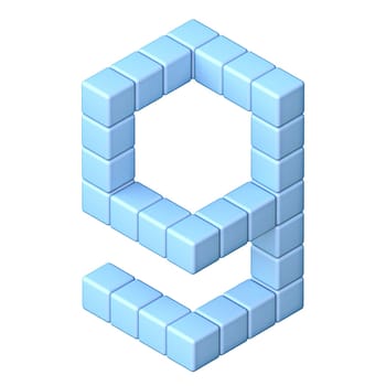 Blue cube orthographic font Number 9 NINE 3D render illustration isolated on white background