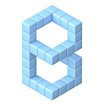 Blue cube orthographic font Letter B 3D render illustration isolated on white background