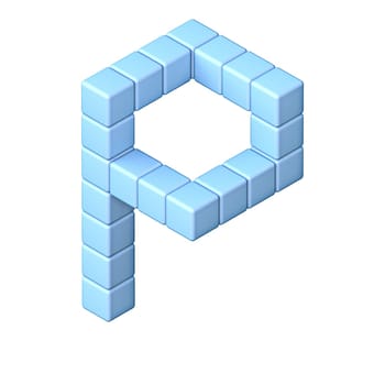 Blue cube orthographic font Letter P 3D render illustration isolated on white background
