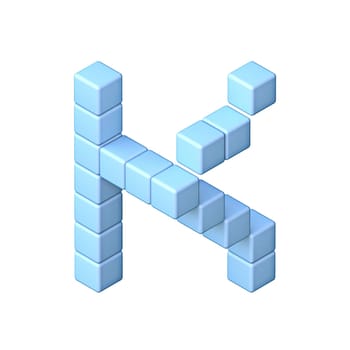 Blue cube orthographic font Letter K 3D render illustration isolated on white background