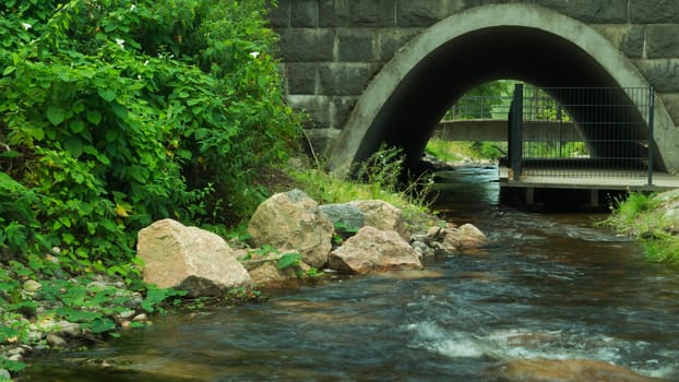 Rocky creek in the forest. river with rocks. dense overgrown forest with flowing stream under a small bridge nature background