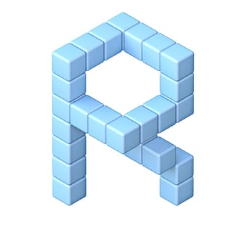 Blue cube orthographic font Letter R 3D render illustration isolated on white background