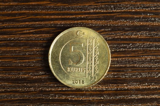 Turkish coin on a dark wooden background. lira from Turkey close up