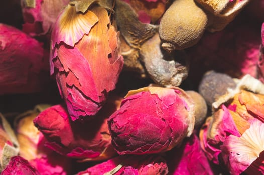Dried rose buds close up. herbal tea ingredient