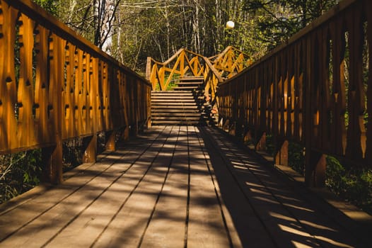 Wooden staircase in the park. stairway made from the wood in the forest