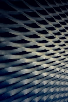 Detail of metal protection fence decorated, painted steel with shapes