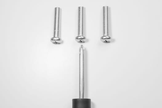 Steel screw on a white background. working tools