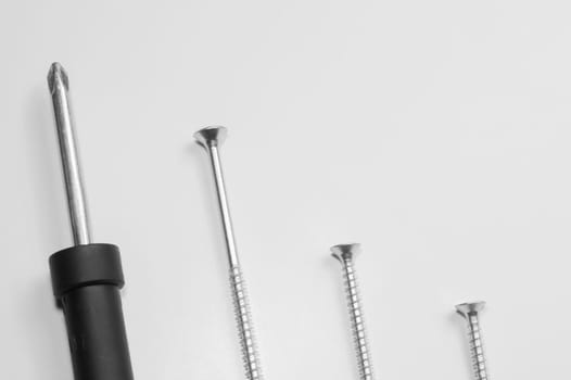 Steel screw on a white background. working tools