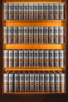 Bushmills, Northern Ireland, Aug 2019 Rows of aged 12 years Bushmills whiskey in a boxes, on illuminated display in distillery shop