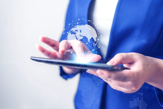 Business women with laptop on blurred background, Technology people connection network concept
