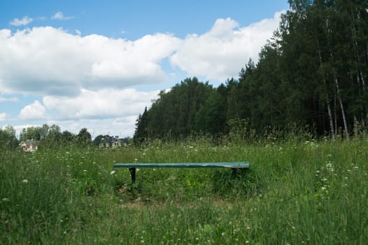Wooden bench in the green field nature background. meadow in the forest